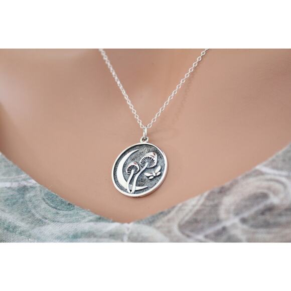 Sterling Silver Etched Mushroom and Moon Pendant Necklace - Picture 5 of 6
